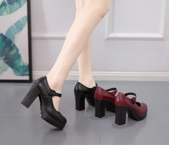 Women Platform Pumps Buckle Strap Round Toe High Heels