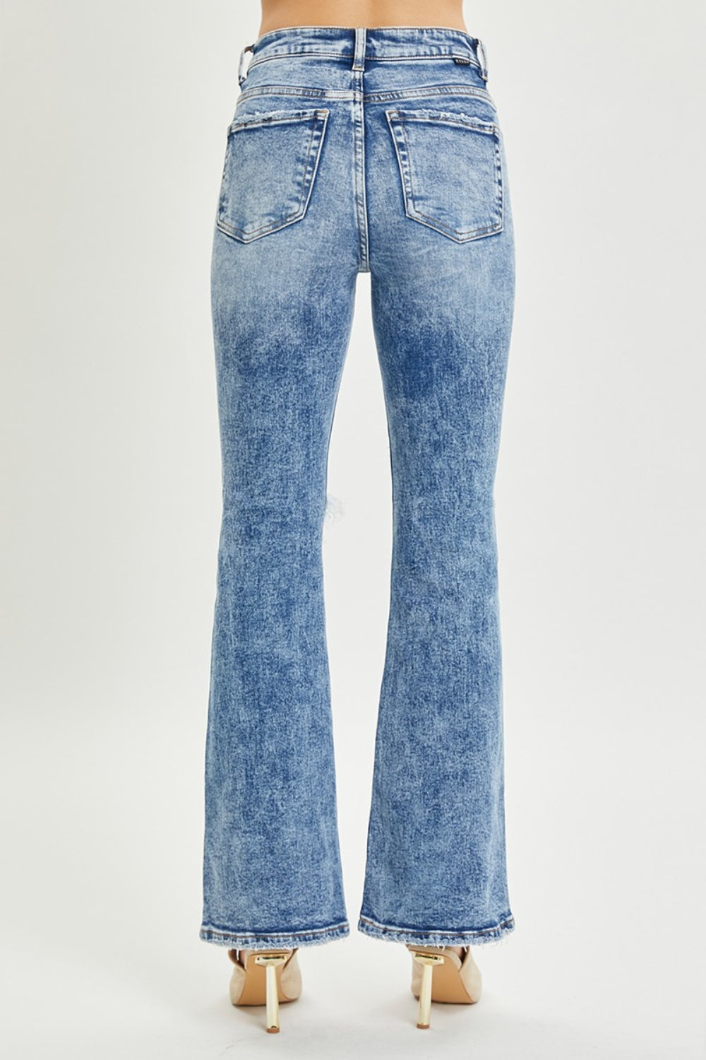 RISEN High Waisted Distressed Blue Denim Flared Leg Jeans - - jeans