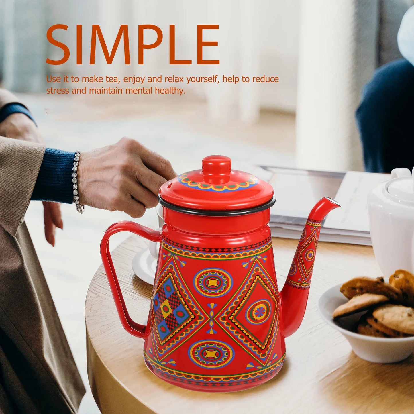 Red Enamel Coffee Pot Stovetop Tea Kettle - - Tea Supplies
