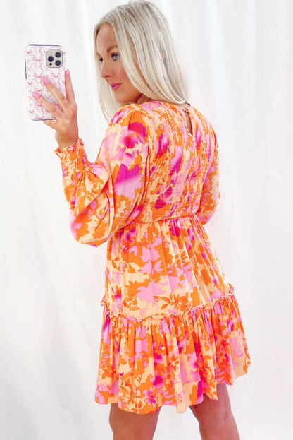 Orange Abstract Print Smocked Lantern Sleeve Ruffle Mini Dress - - Dresses/Mini Dresses