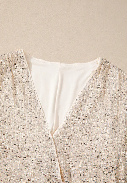 Sequin Surplice Long Sleeve Bodysuit - -