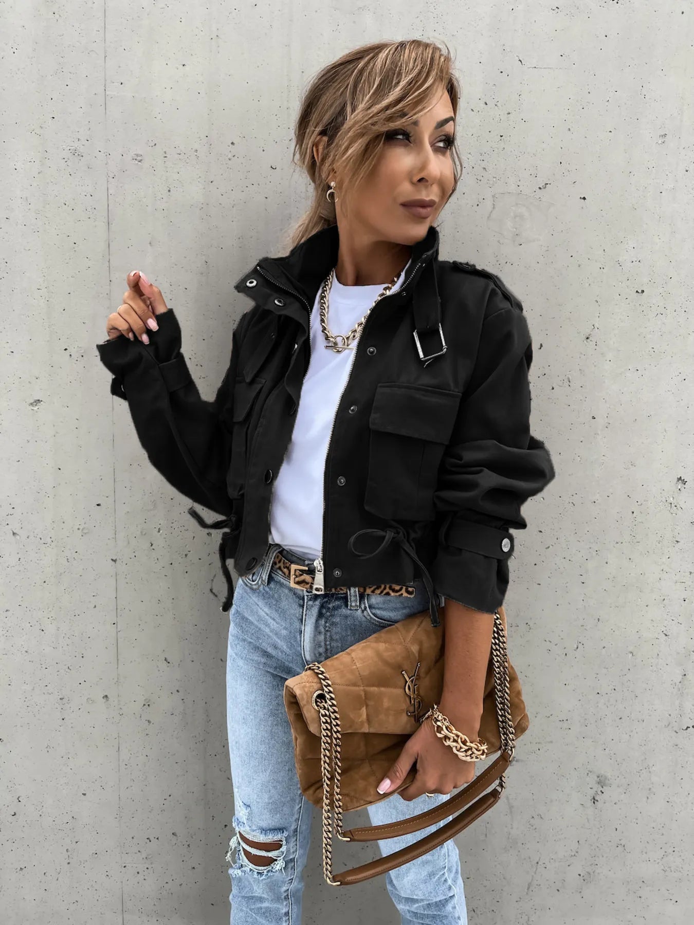 Snap Down Long Sleeve Jacket - -