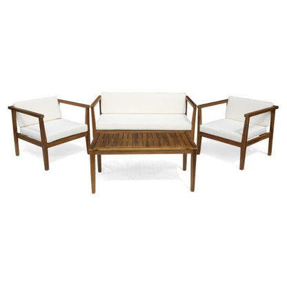 4-Piece Teak Acacia Wood Patio Chat Set with Cushions - -