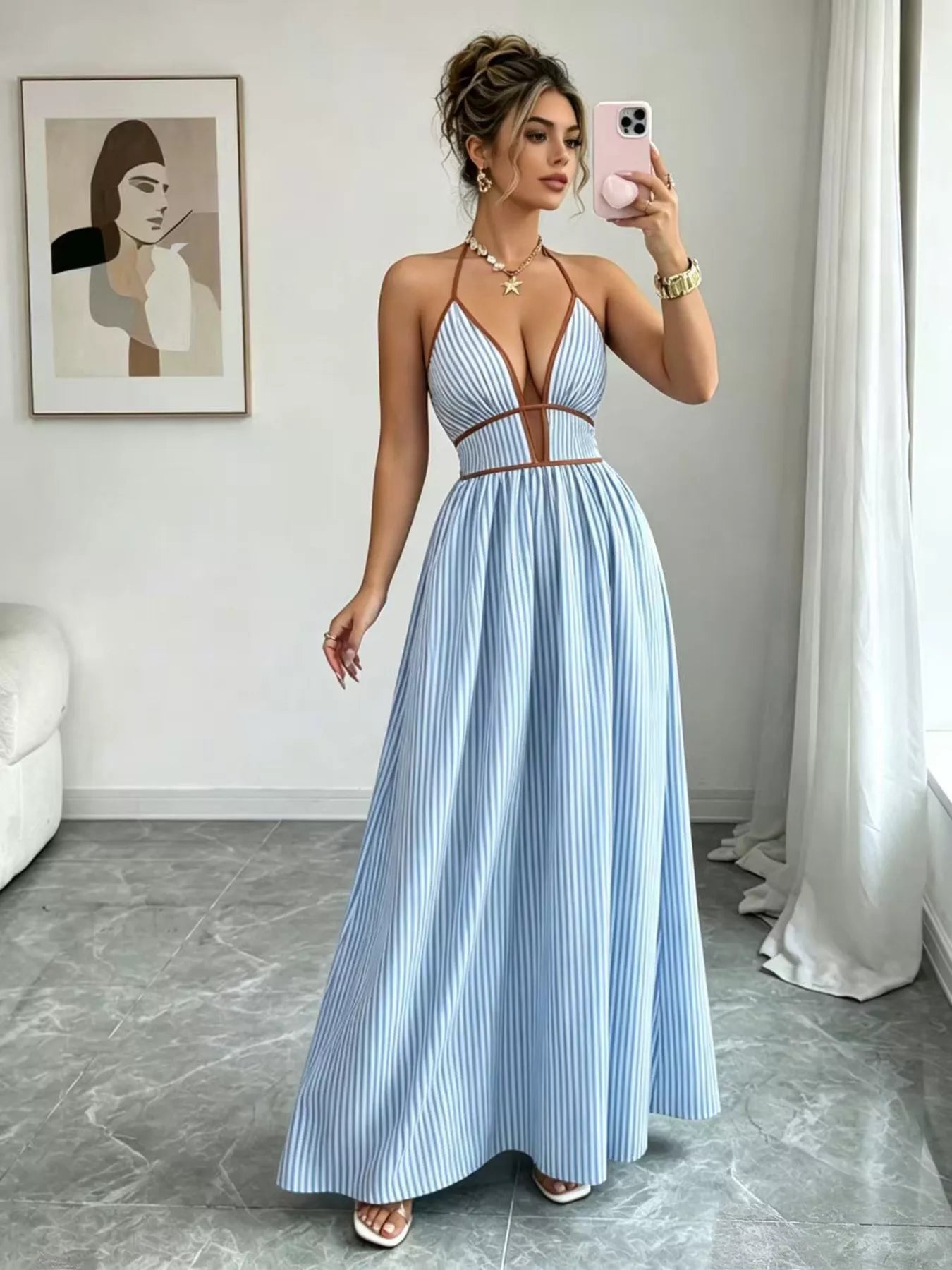 Striped Halter Neck Maxi Dress - Light Blue -