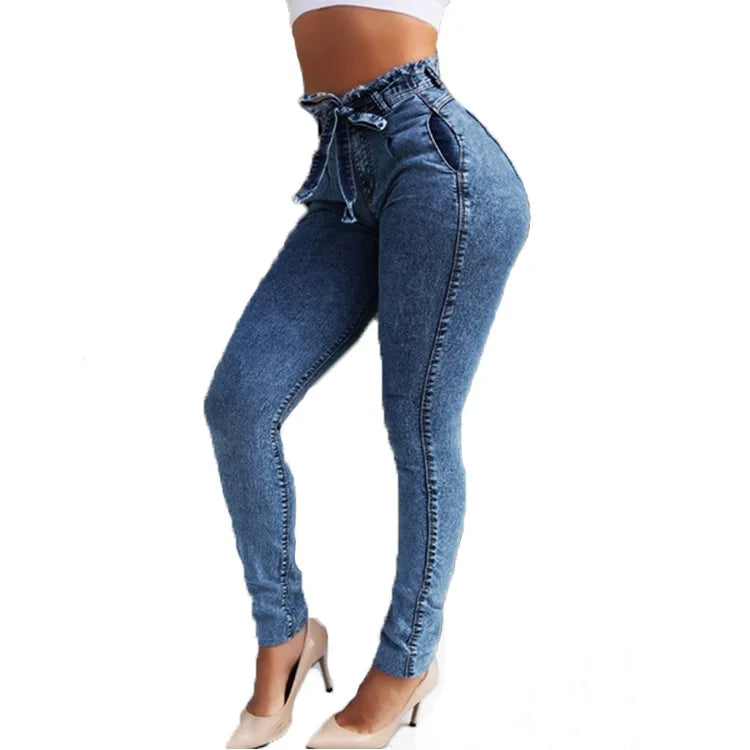 Denim Jeans Solid Color High Waist Long Pencil Pants Slim Jeans