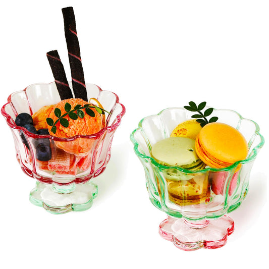 Set of 2 Pink & Green Flower Petal Style Glass Cups - - bowls