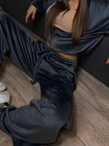 Zip Up Cropped Outerwear and Pants Set - -