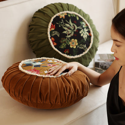 Vintage Style Chinese Floral Pattern Round Cushion - - Pillows