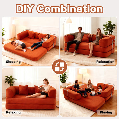 Sofa Bed Convertible 5-in-1 Corduroy Red Floor Steel Frame 74.8 In- NIKKI CASA- {{Product type}}