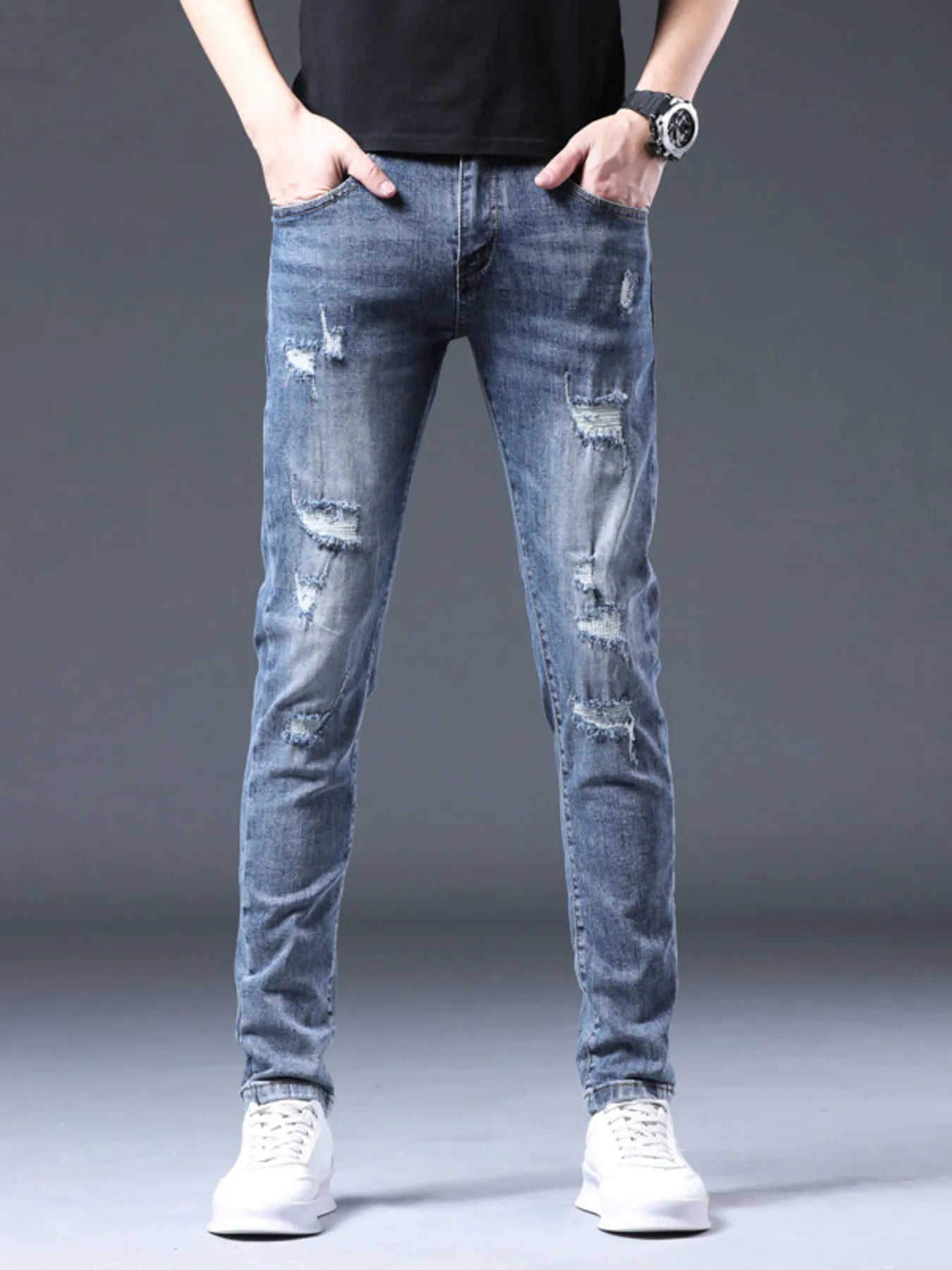 Men's Distressed Slim Fit Ripped Jeans - Blue -