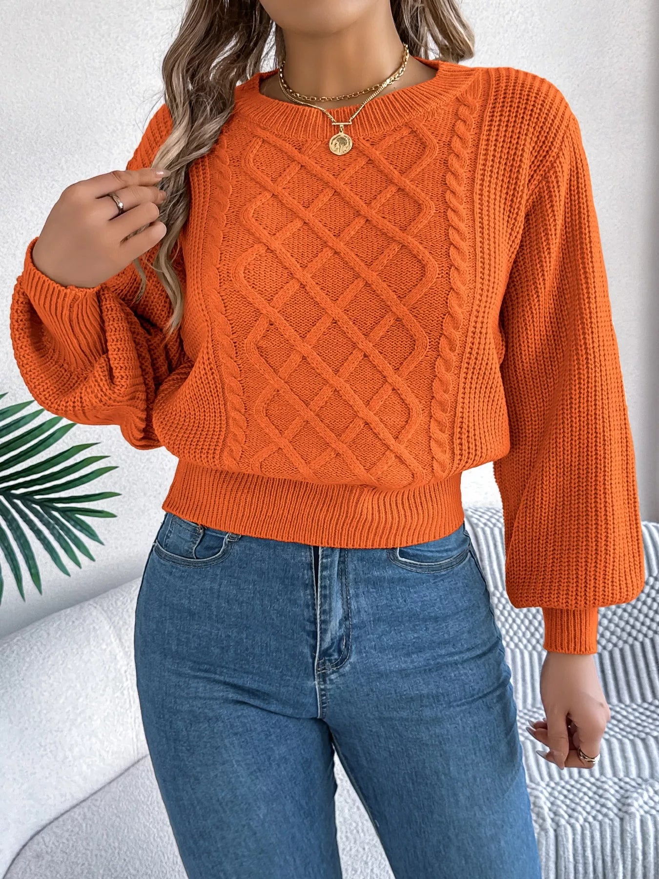 Cable Knit Diamond Pattern Long Sleeve Sweater - -
