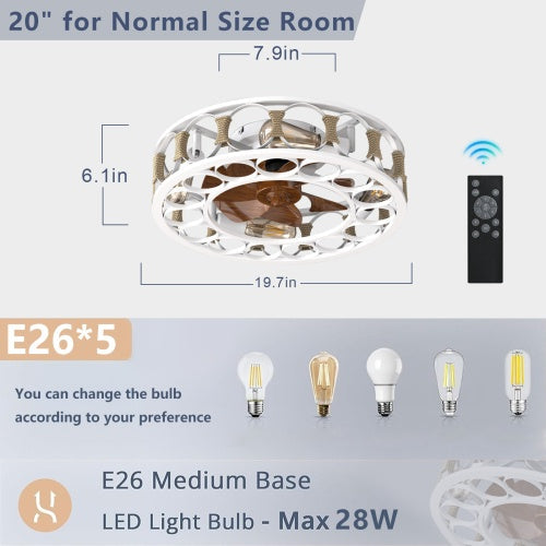 6 Speed White Cage Ceiling Fan With Light Remote Control - - light