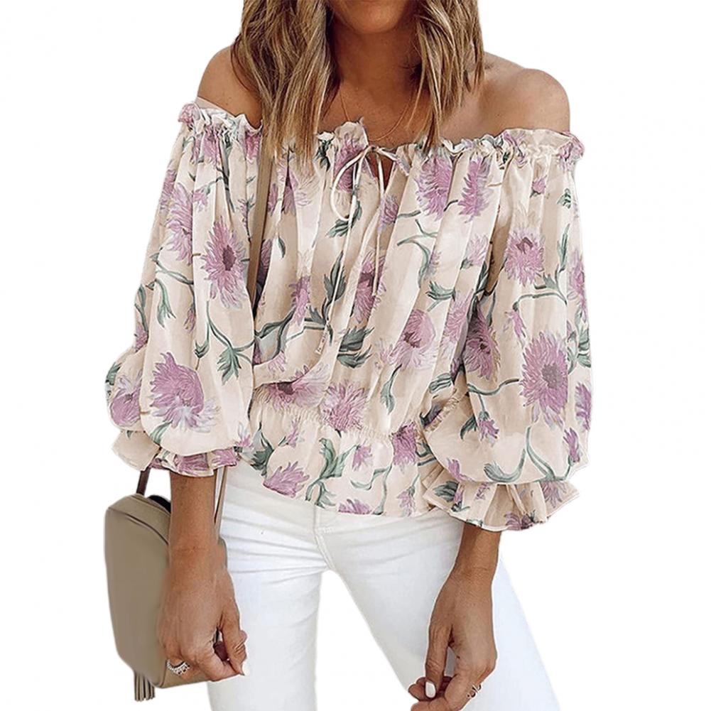 Womens Off-Shoulder Chiffon Print Long Sleeve Top - - Women's Fashion - Women's Clothing - Tops & Tees