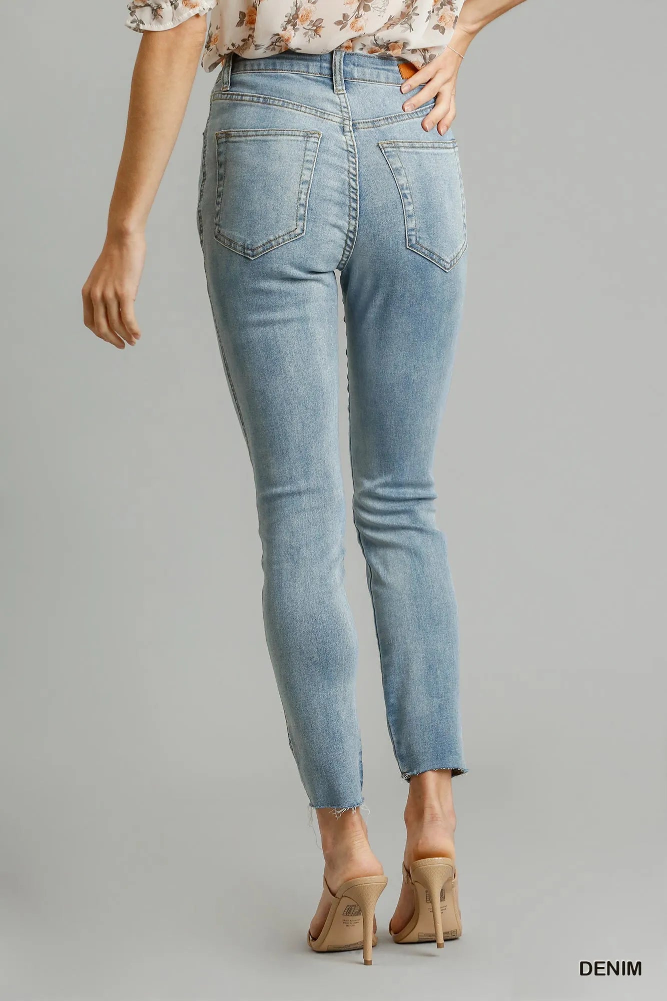 Umgee 5-Pockets Distressed Detail Stretch Denim Skinny Jeans with Unfinished Hem- Shopimist- {{Product type}}