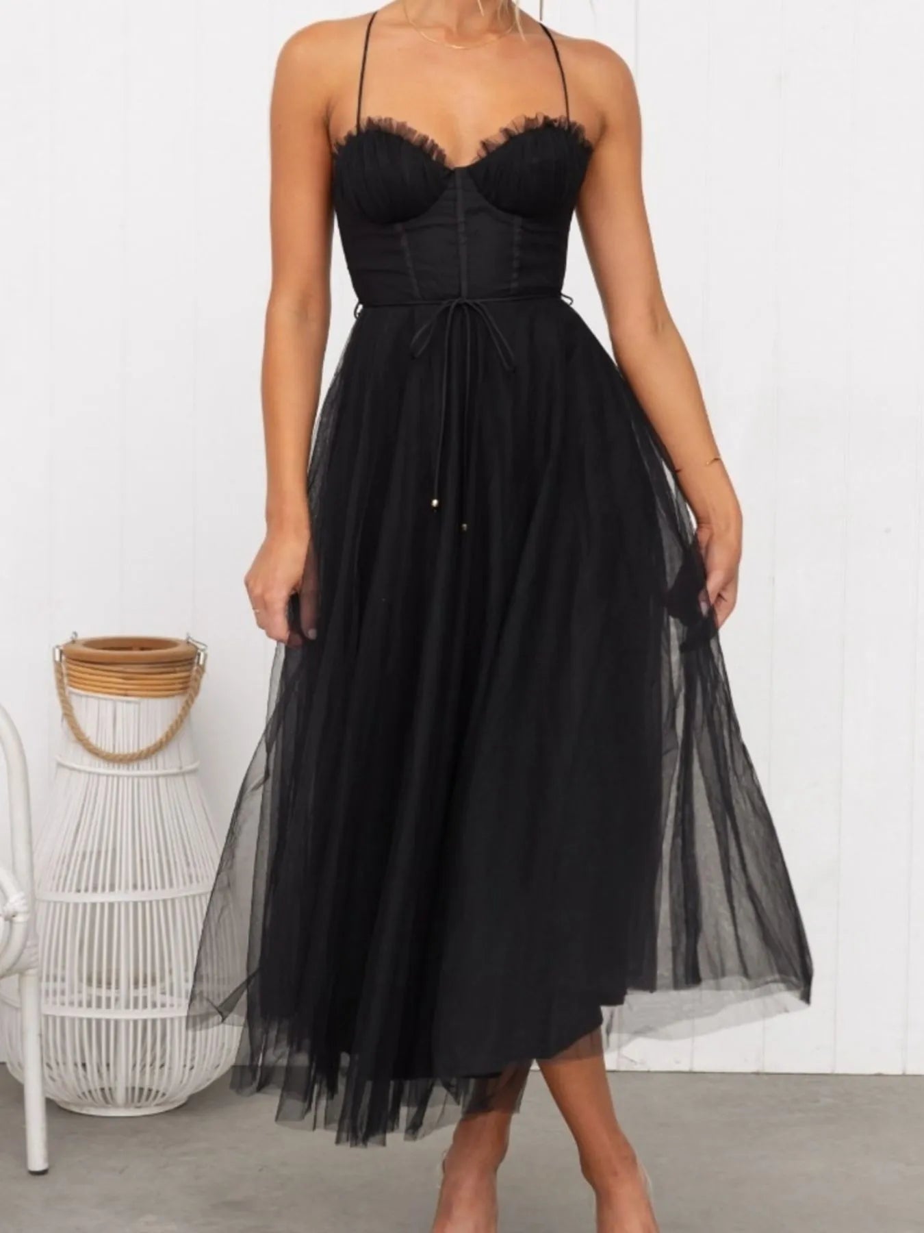 Sweetheart Neck Tulle Midi Dress - -