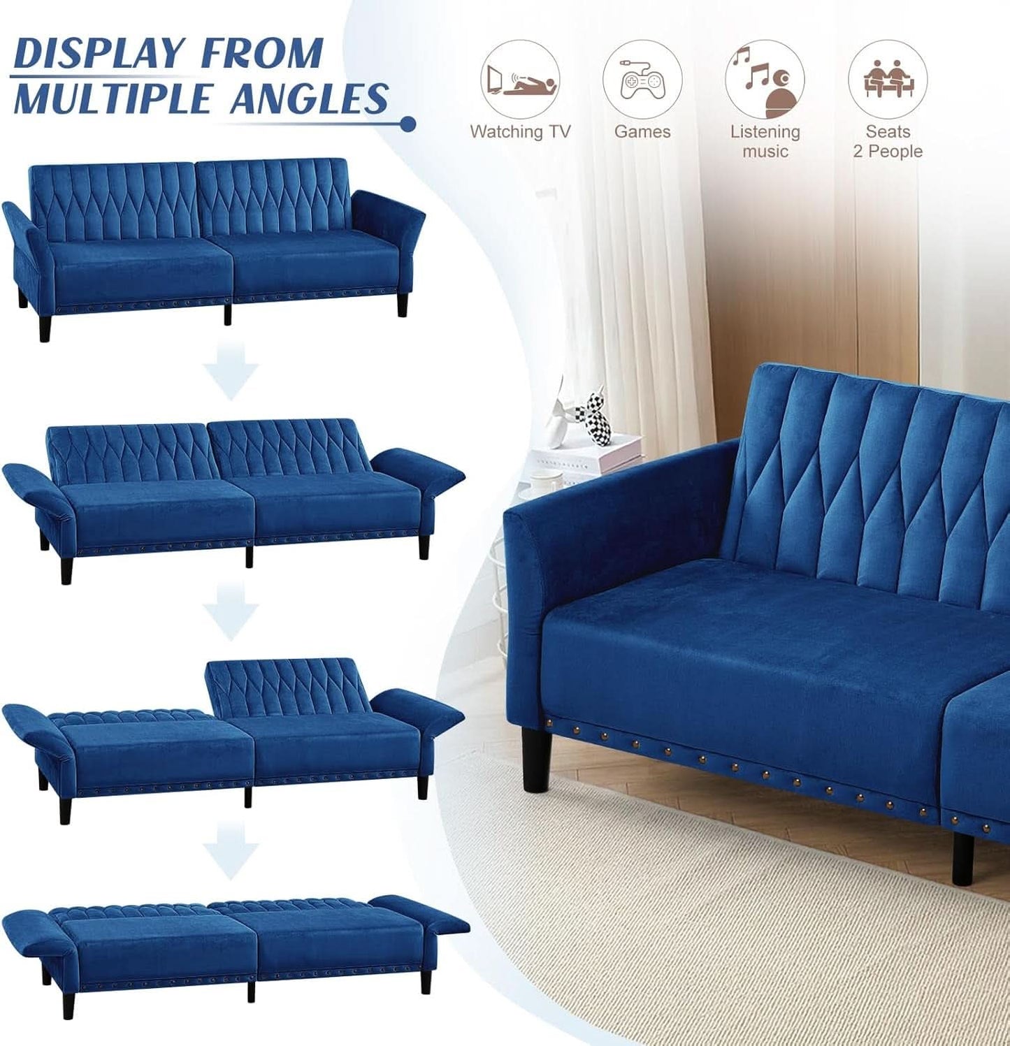 77Inch Velvet Convertible Sofa Bed Featuring Armrests - - Sleeper