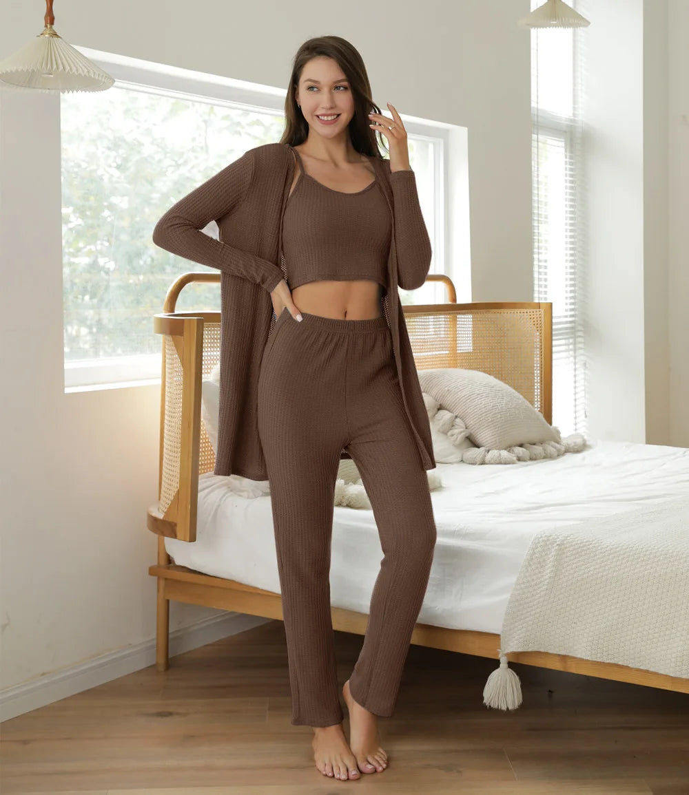 Waffle Pattern Camisole Robe Solid Leisure Wear 3 Piece Set  Women Pajamas Set