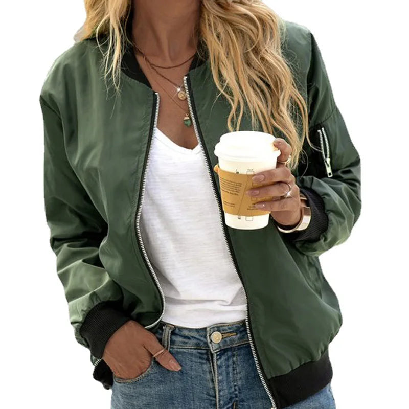 Women Fashion Bomber Jacket Streetwear Long Sleeve Coat Solid Color Outerwear