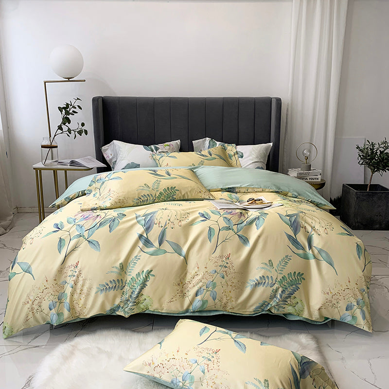 60s 100% Egyptian Organic Cotton White Gray Floral Pattern Bedding Sets