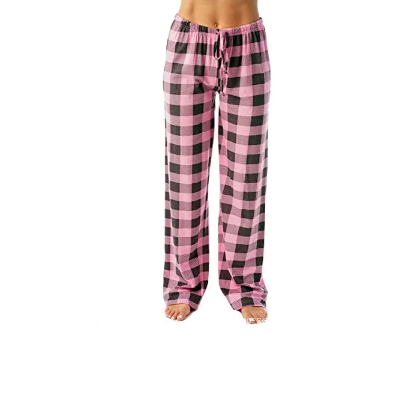 Women Solid Color Buffalo Plaid Pajama Pants Sleepwear With Pockets