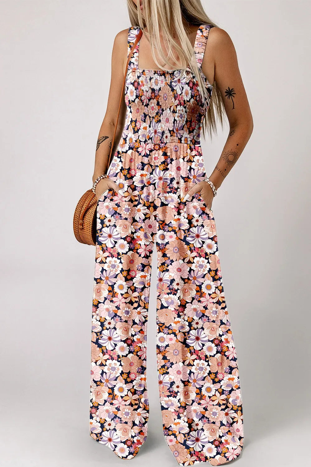 Floral Print Smocked High Waist Square Neck Jumpsuit - Dusty Pink -
