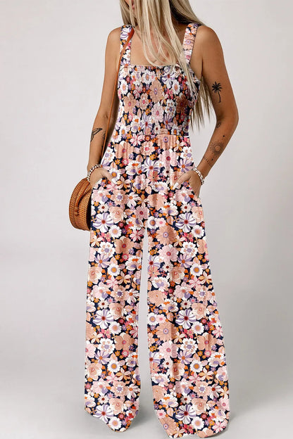 Floral Print Smocked High Waist Square Neck Jumpsuit - Dusty Pink -