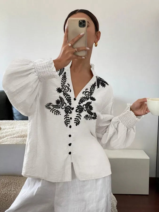 Embroidered Notched Long Sleeve Blouse - -