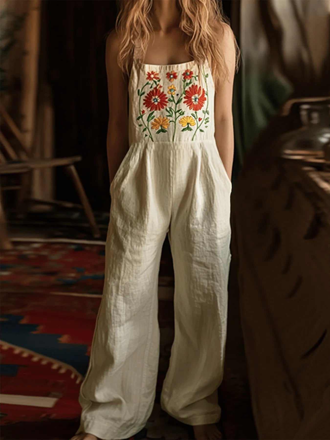 Floral Embroidered Wide Leg Jumpsuit - -