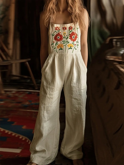 Floral Embroidered Wide Leg Jumpsuit - -