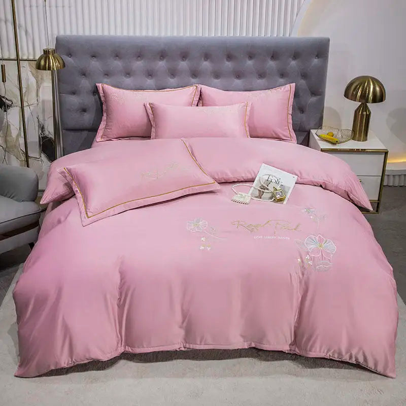 Organic Embroidered 4pcs Silky Satin Bedding Set