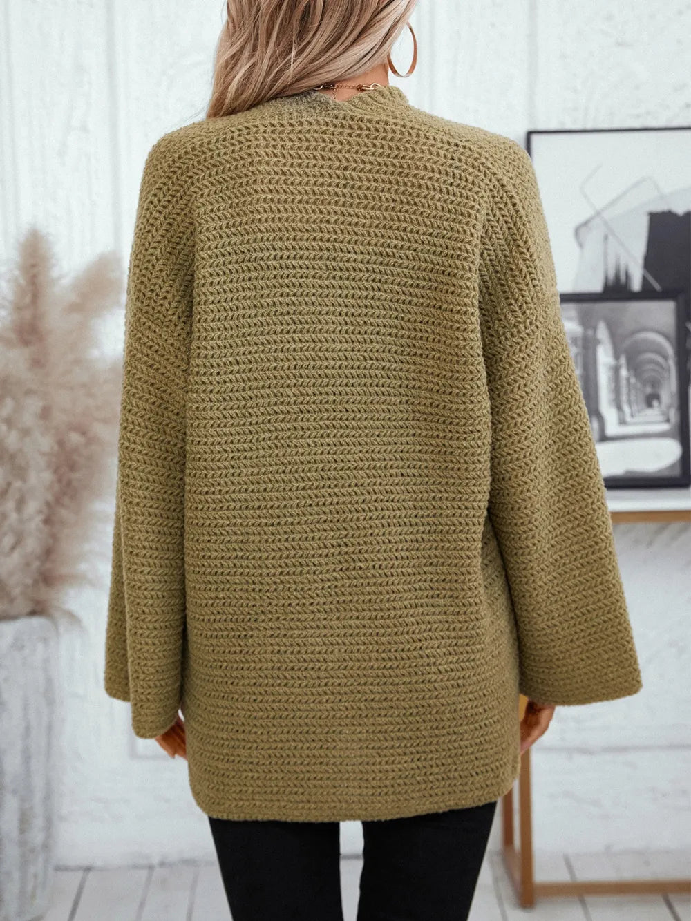 Open Front Long Sleeve Cardigan - -