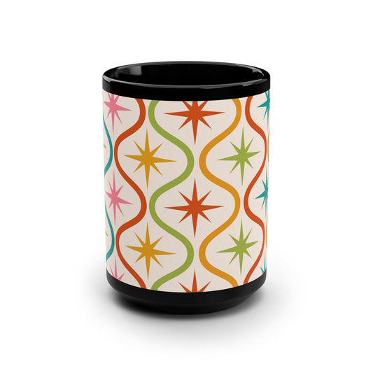 Colorful Retro Star Pattern Mug - 15oz Black Coffee Cup - Kia Day Design