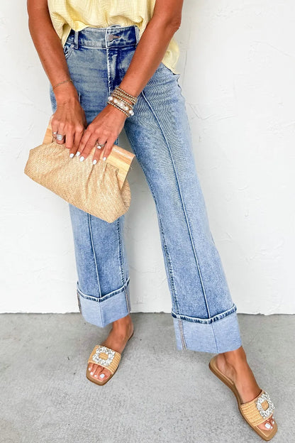 High-Waisted Wide-Leg Cuffed Jeans - Medium -