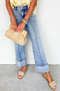 High-Waisted Wide-Leg Cuffed Jeans - Medium -