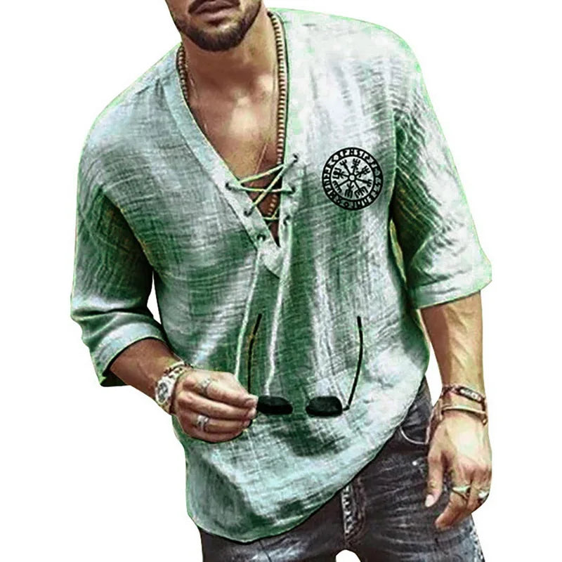 Men's Tee Shirt Solid Tops Pullover v Neck Lace-Up Loose Top Casual Half Sleeve