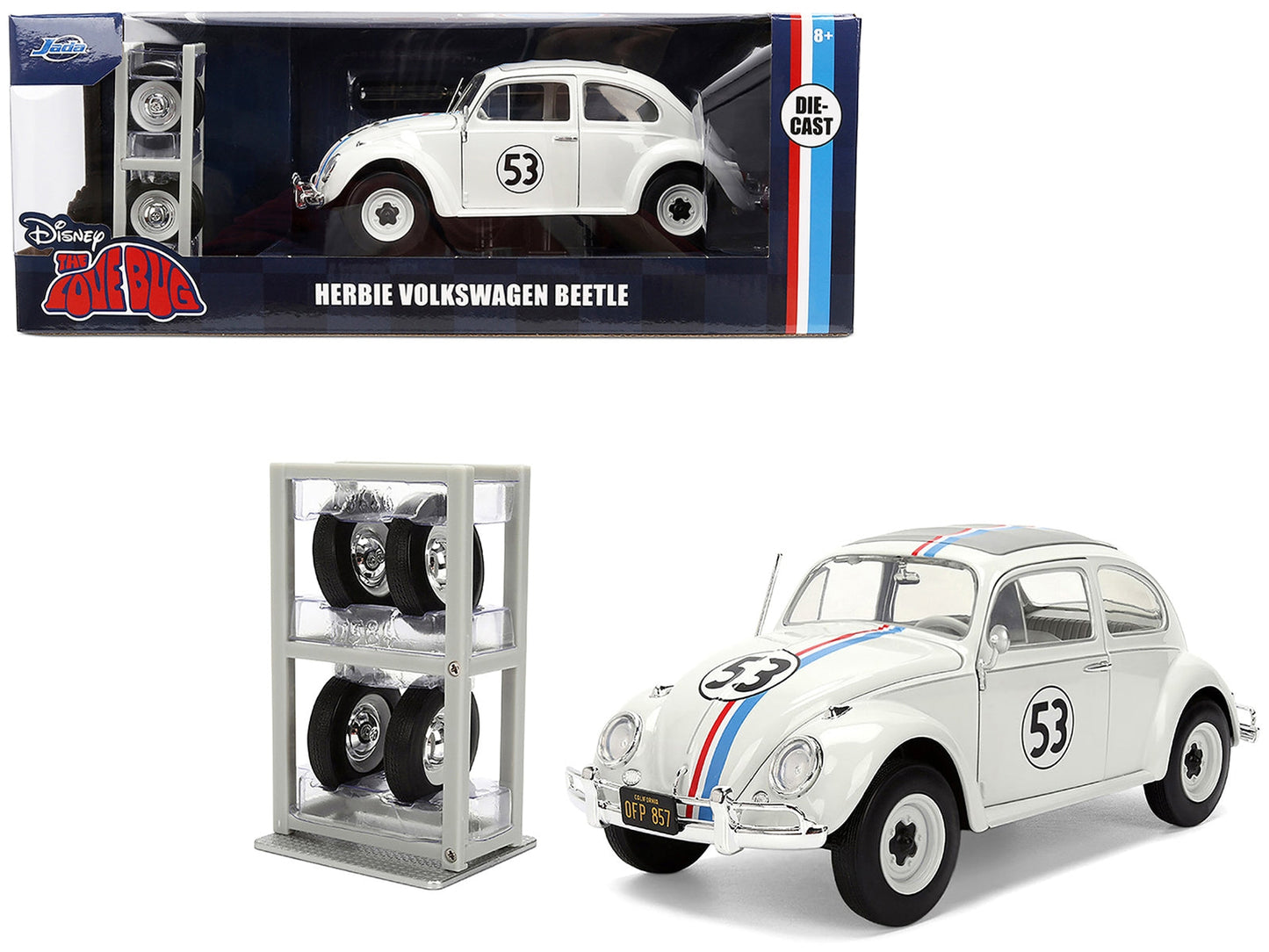 Volkswagen Beetle #53 "Herbie" White with Stripes "The Love Bug" (1968) Movie with Extra Wheels 1/24 Diecast Model Car by Jada- Miniature Motors- {{Product type}}