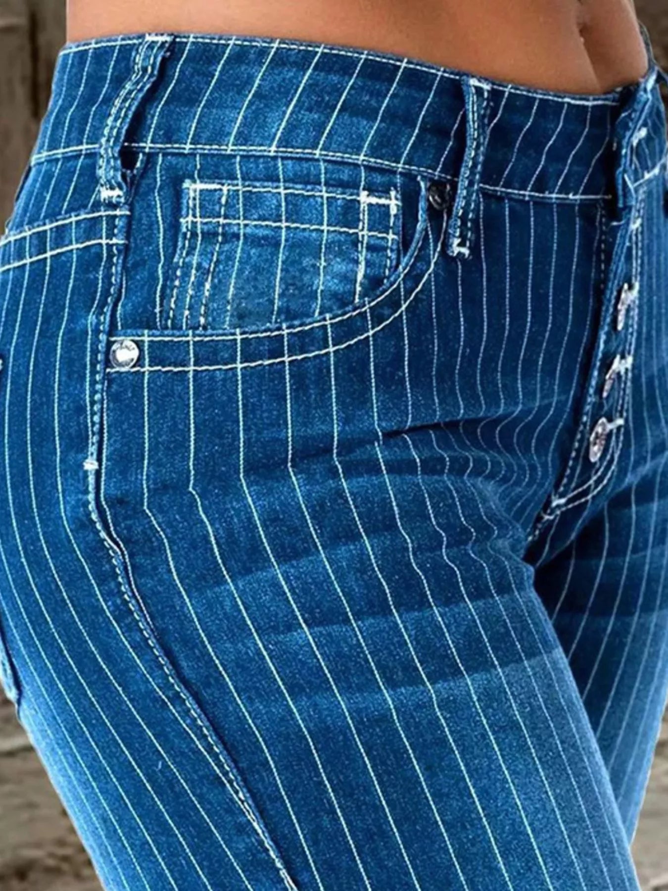 Striped Button Fly Flare Jeans - -