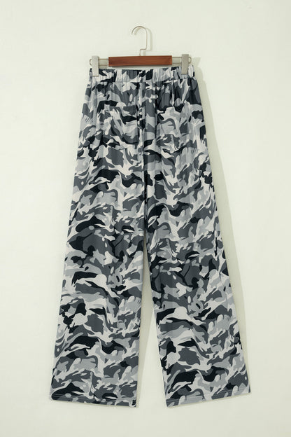 Camo Drawstring High Waist Wide Leg Pants - - Bottoms/Pants & Culotte