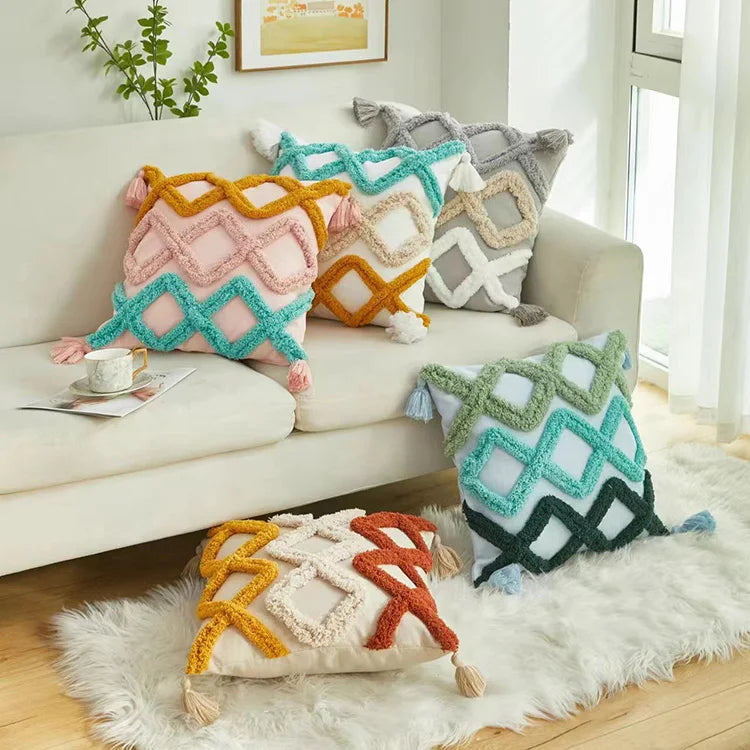 Tufted Throw Pillow Cover With Colorful Tassels Rainbow Embroidered Pillowcase