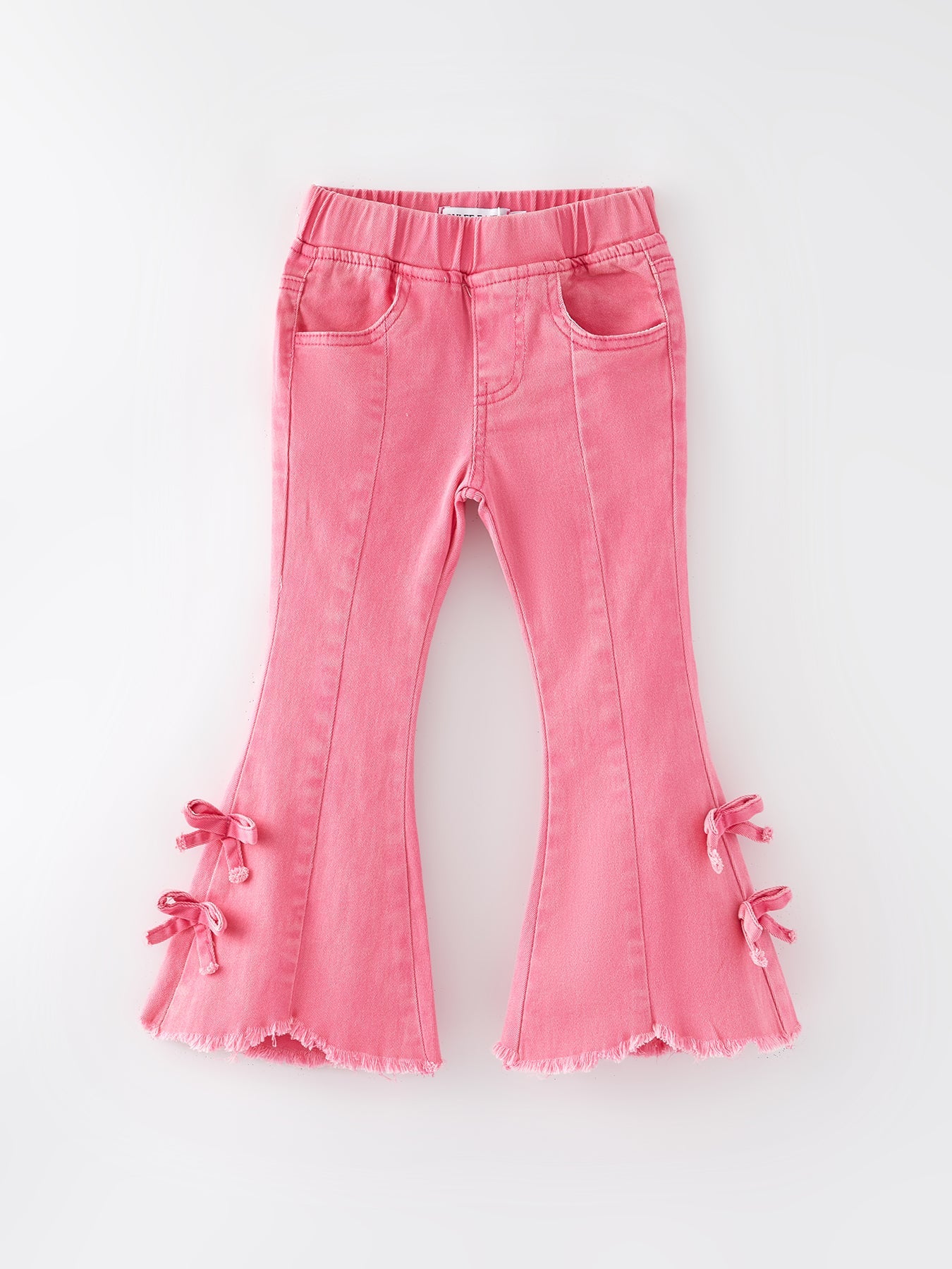 Girls Pink Bow Flared Elastic Denim Pants - - Jeans
