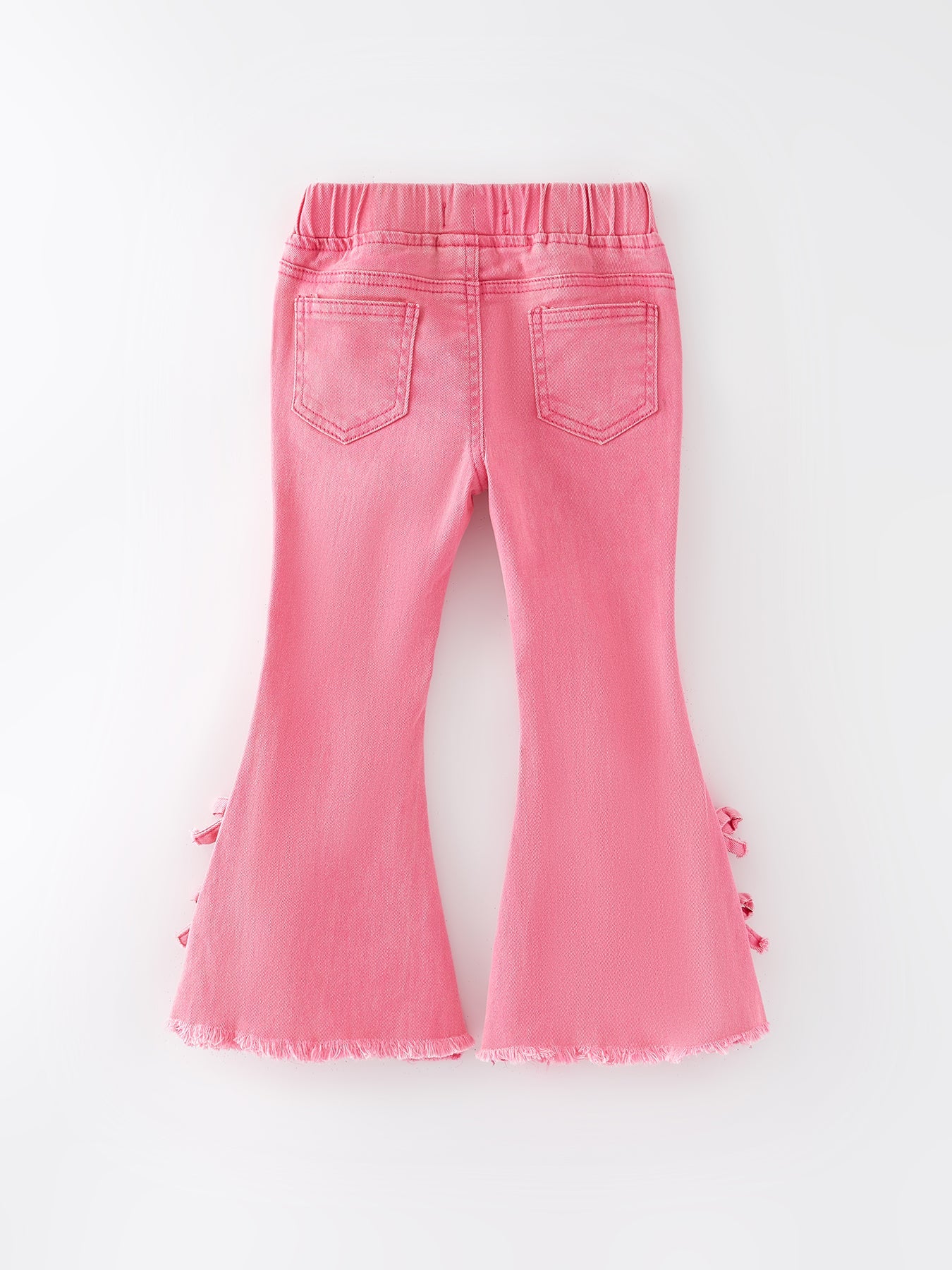Girls Pink Bow Flared Elastic Denim Pants - - Jeans