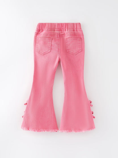 Girls Pink Bow Flared Elastic Denim Pants - - Jeans