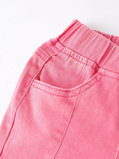 Girls Pink Bow Flared Elastic Denim Pants - - Jeans