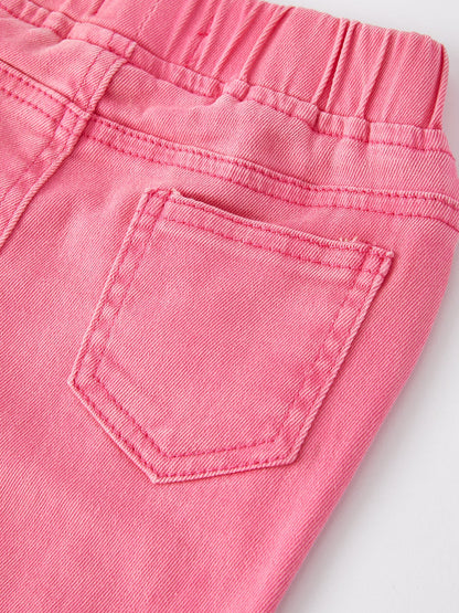 Girls Pink Bow Flared Elastic Denim Pants - - Jeans