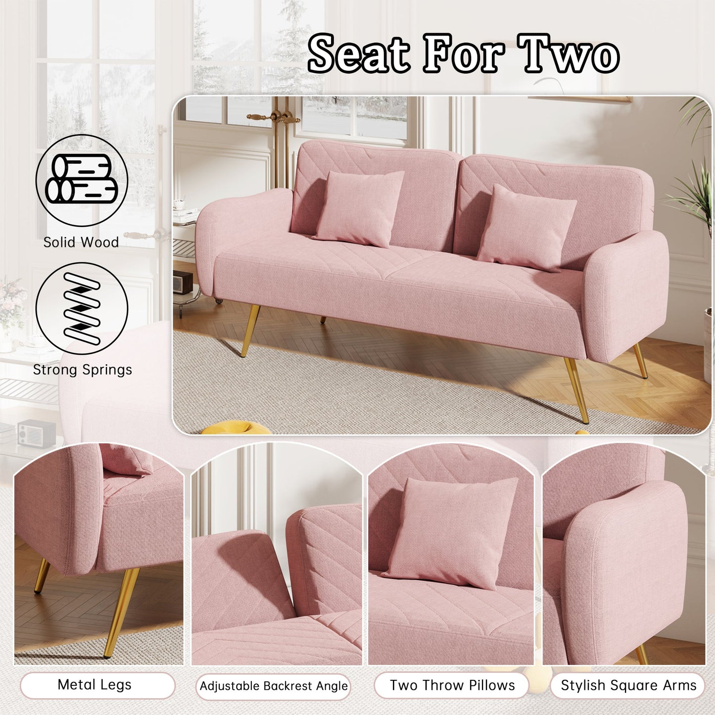70.47" Pink Fabric Double Sofa with Split Backrest and Two Throw Pillows- V.I.P Digital Presence- {{Product type}}