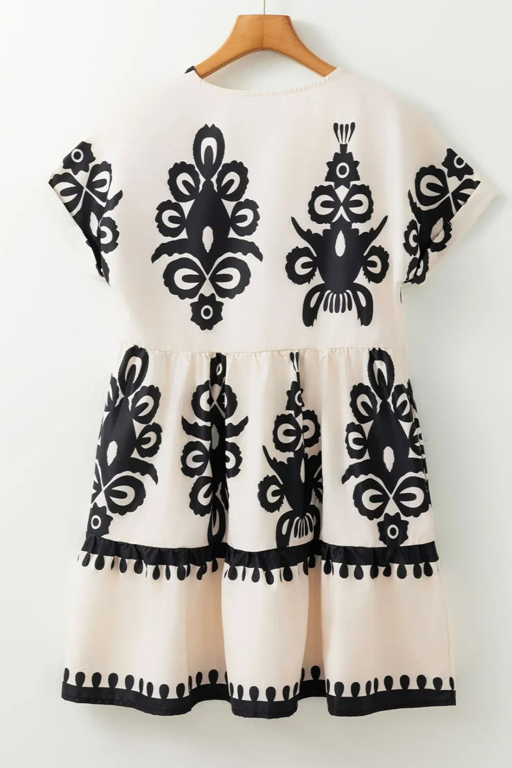 Printed V-Neck Short Sleeve Dress - -