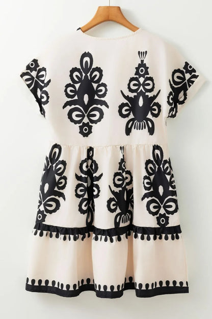 Printed V-Neck Short Sleeve Dress - -