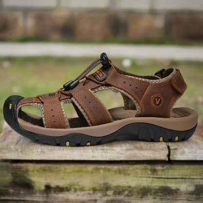 Large Size Real Genuine Leather Outdoor Summer Beach Leather Sandals Dark Brown