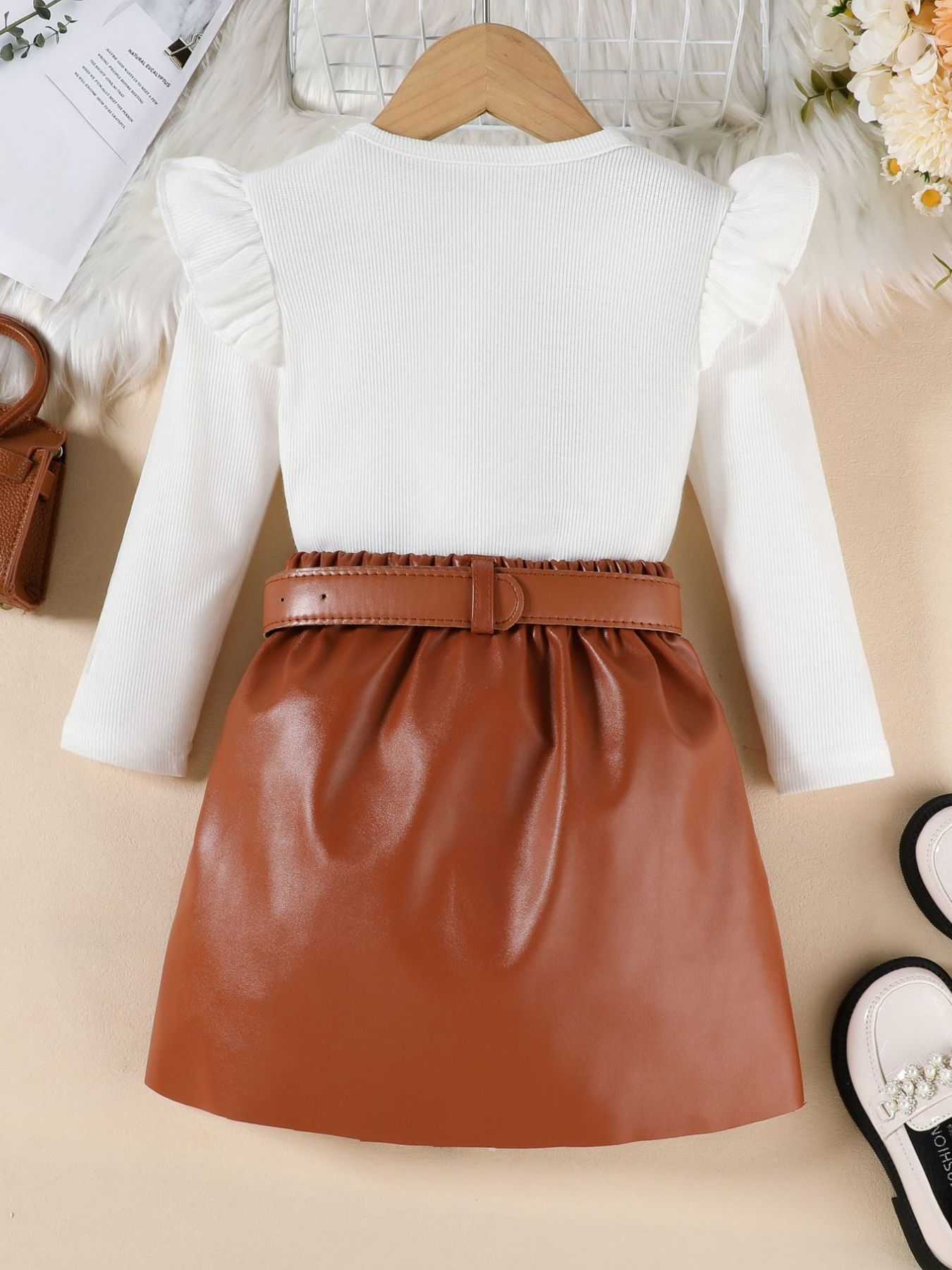 Children's Ruffle Trim Top & Faux Leather Pleated Skirt Set - -