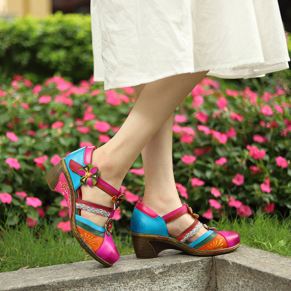 Retro Bright Flower Contrast Color Velcro Wedge - - 0